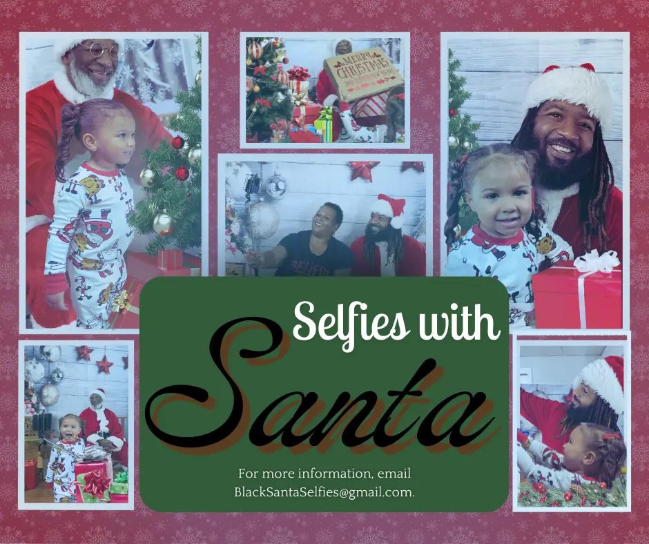 Promotional collage for Selfies with Santa featuring multiple images of Black Santa Bruce and Black Santa Chris interacting joyfully with diverse children and the founders, Crystal and Bruce. Image emphasizes booking authentic Black Santa appearances for holiday events.